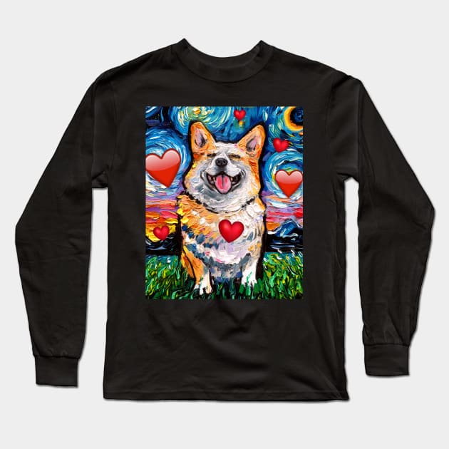 Smiling Corgi Night with hearts Long Sleeve T-Shirt by sagittariusgallery